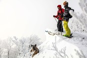 thumb of dog with skiers